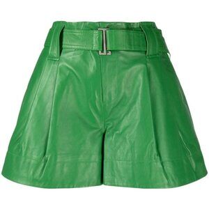 GANNI Belted Pleated Leather Kelly Green Shorts